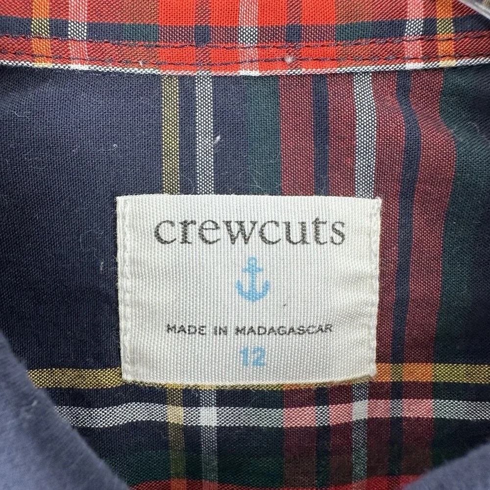 Crewcuts J Crew Button‎ Down Shirt Boys Size 12 Navy Blue Plaid Long Sleeve